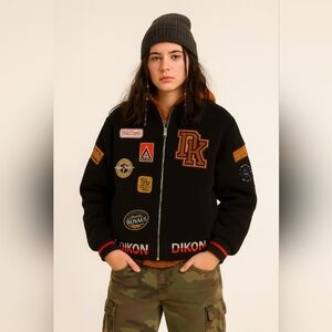 Fashion 4006, dikon Bomber Jacket with patches Zipper Black Size XL Unsex